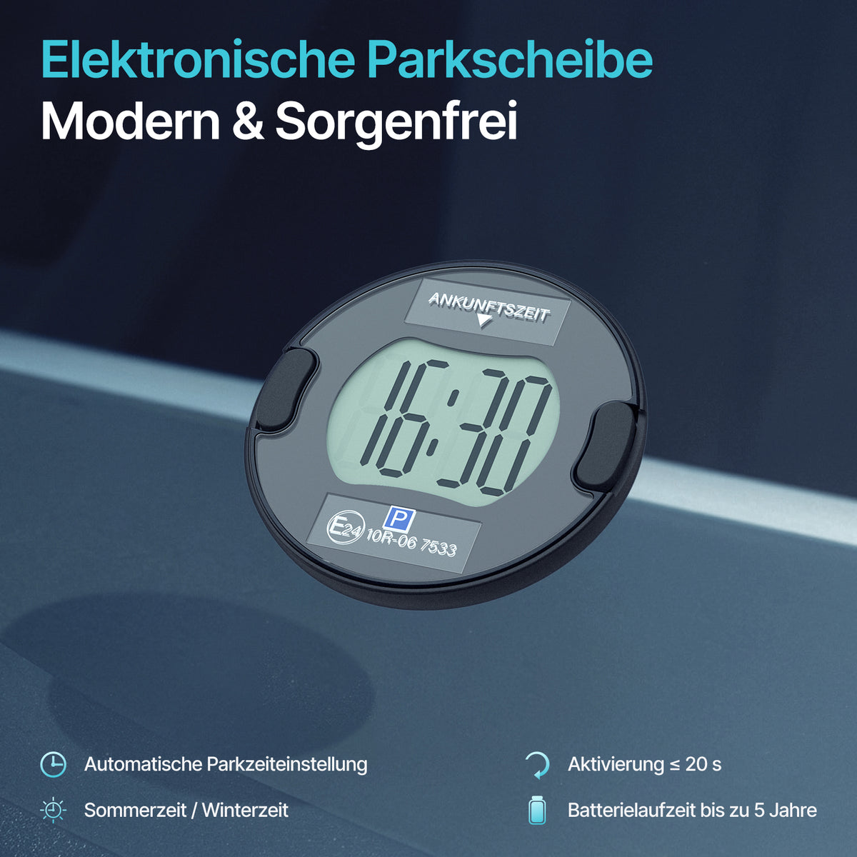 Elektronische Parkscheibe PT02 mit Solarunterstützung und ECE-Zertifizierung – Produktansicht 2