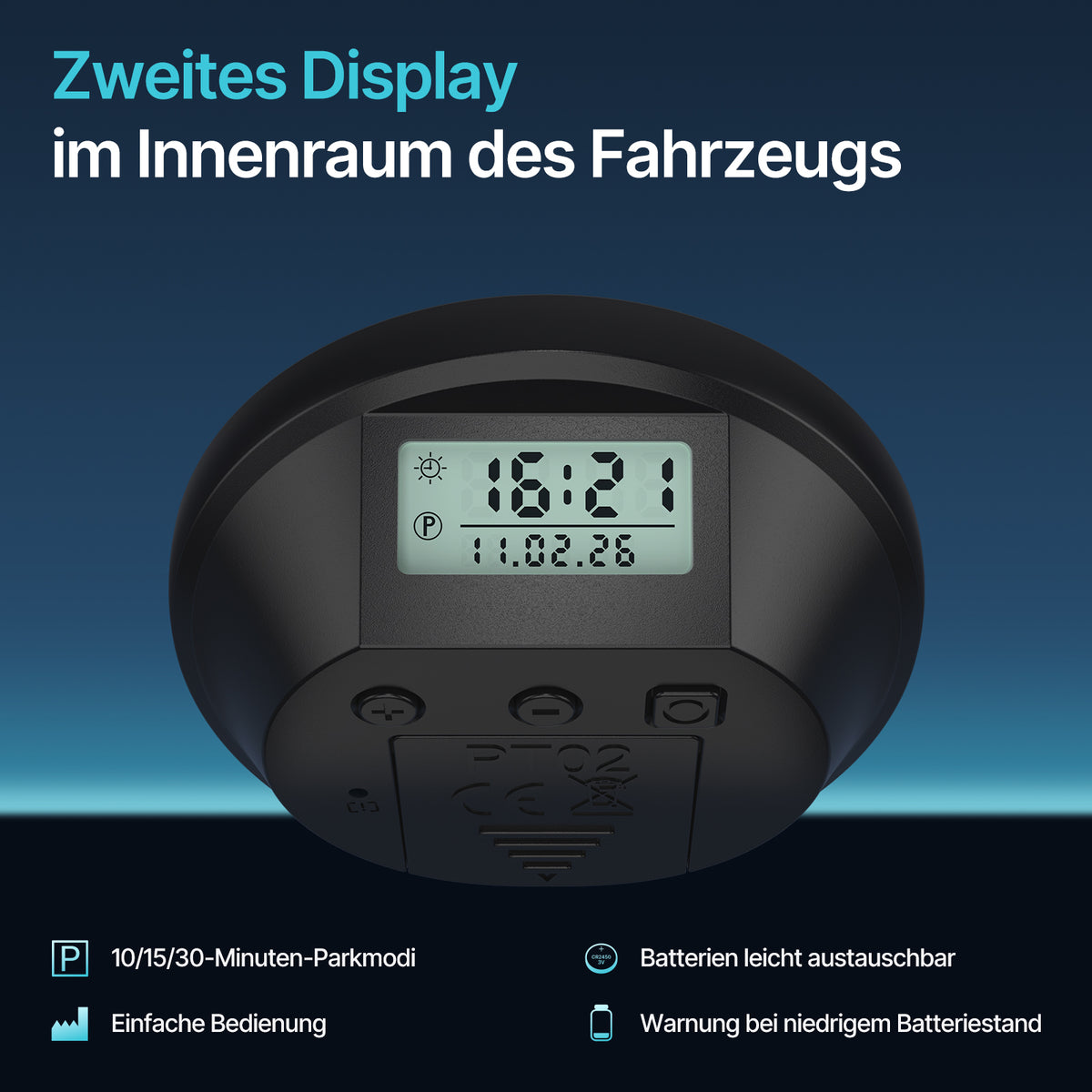 Elektronische Parkscheibe PT02 mit Solarunterstützung und ECE-Zertifizierung – Produktansicht 6